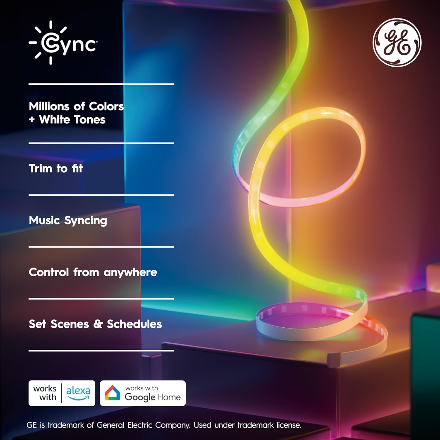 GE  Dynamic Effects Smart LED Light Strip with Music Sync, Color Changing Wifi Lights, Indoor Light Strip, Compatible with Alexa and Google Home, 16Ft and Power Supply