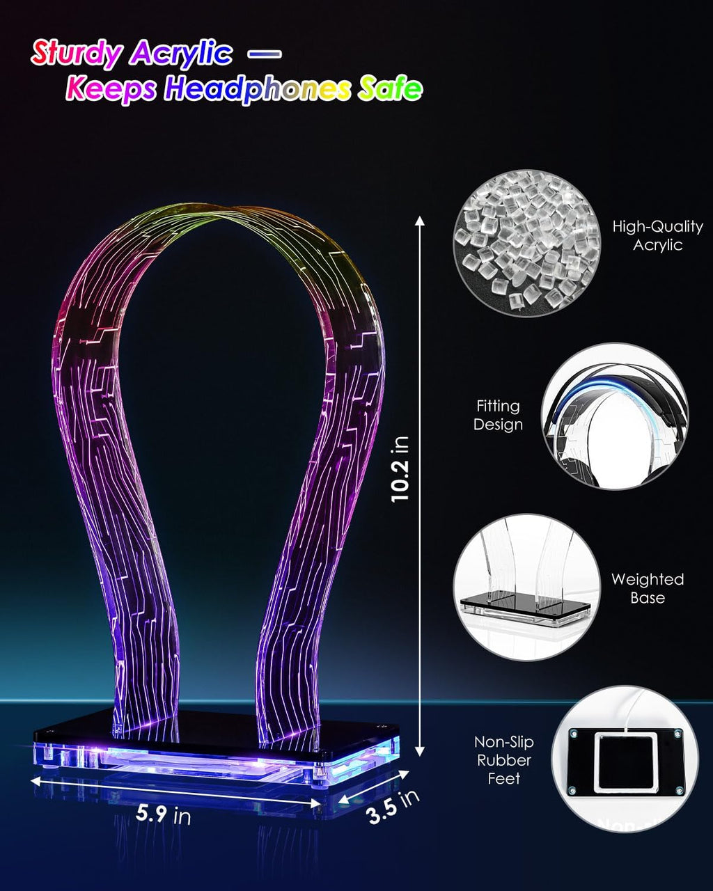 Acrylic RGB Headphone Stand | Customizable 213 Lighting Modes & 60,000 Colors, Lights Sync with Music Beat, Headset Stand with 4.8Ft USB Power Cable & Sturdy Build
