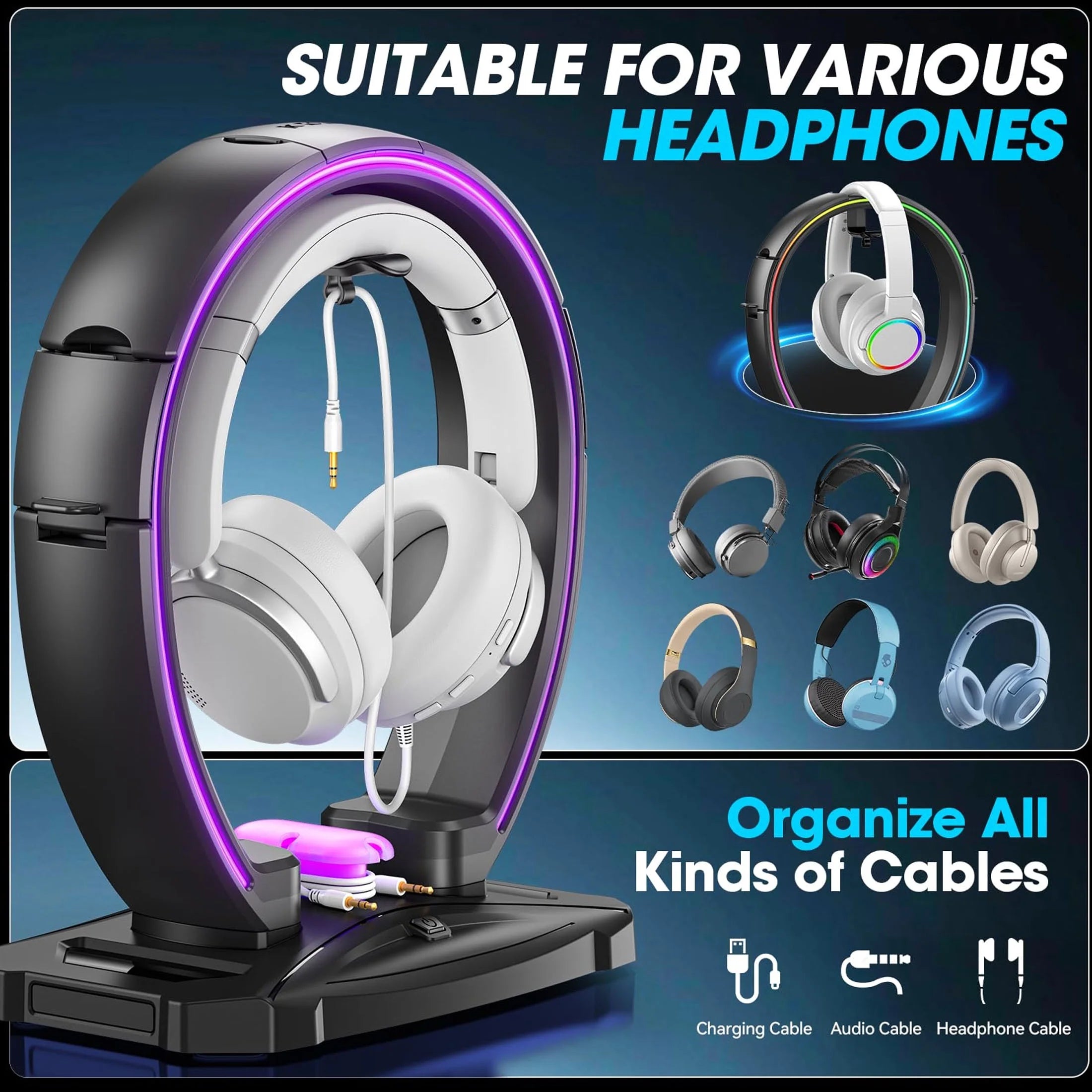Headphone Stand, Controller Holder, RGB Gaming Headphone Stand with Cable Organizer for Desktop Organizers