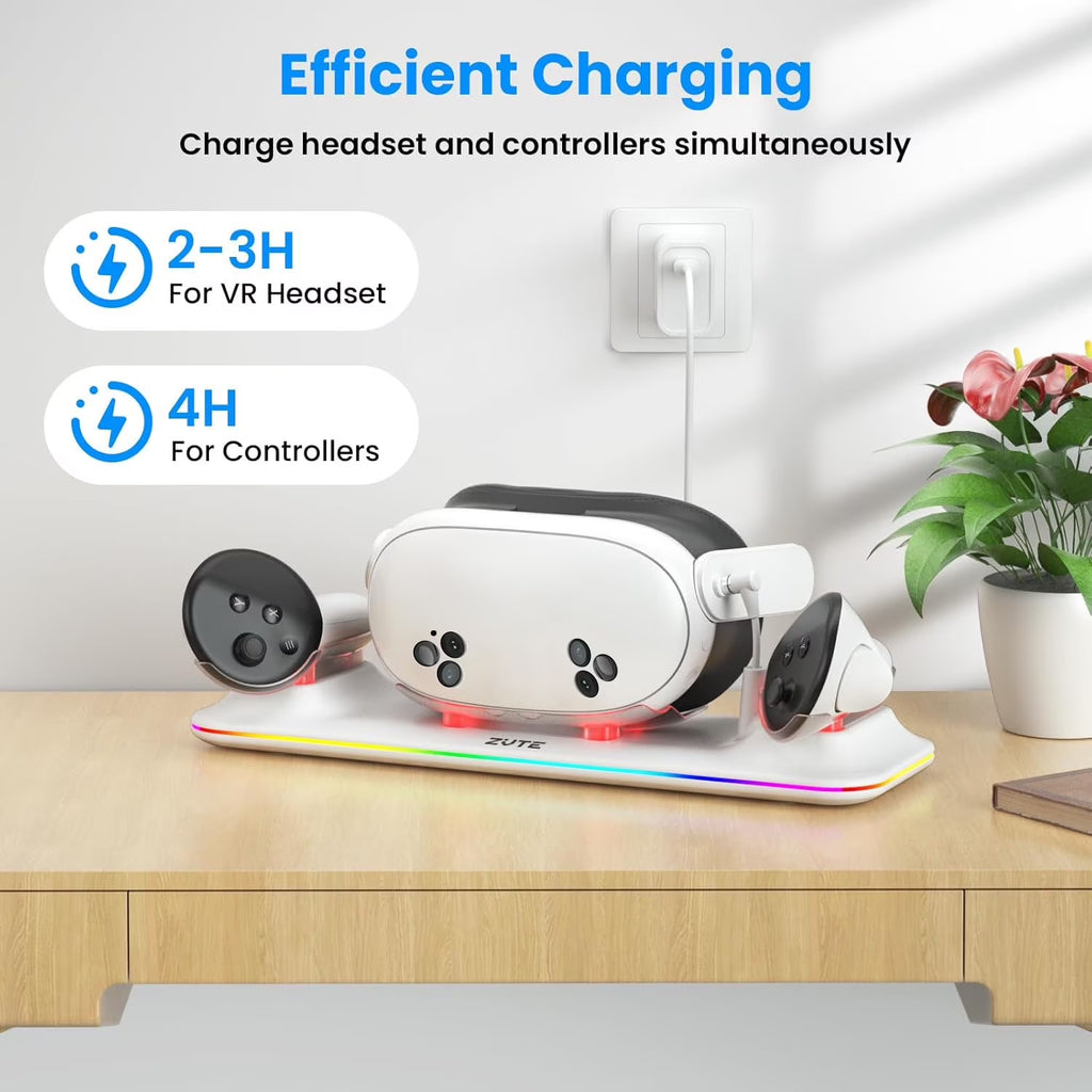 VR Charging Dock for Oculus/Meta Quest 3S - Magnetic Docking Station with LED Light - Charging Stationo Display with 2 * 1800Mah Rechargeable Batteries - VR Charging Stand Support Elite Strap,White
