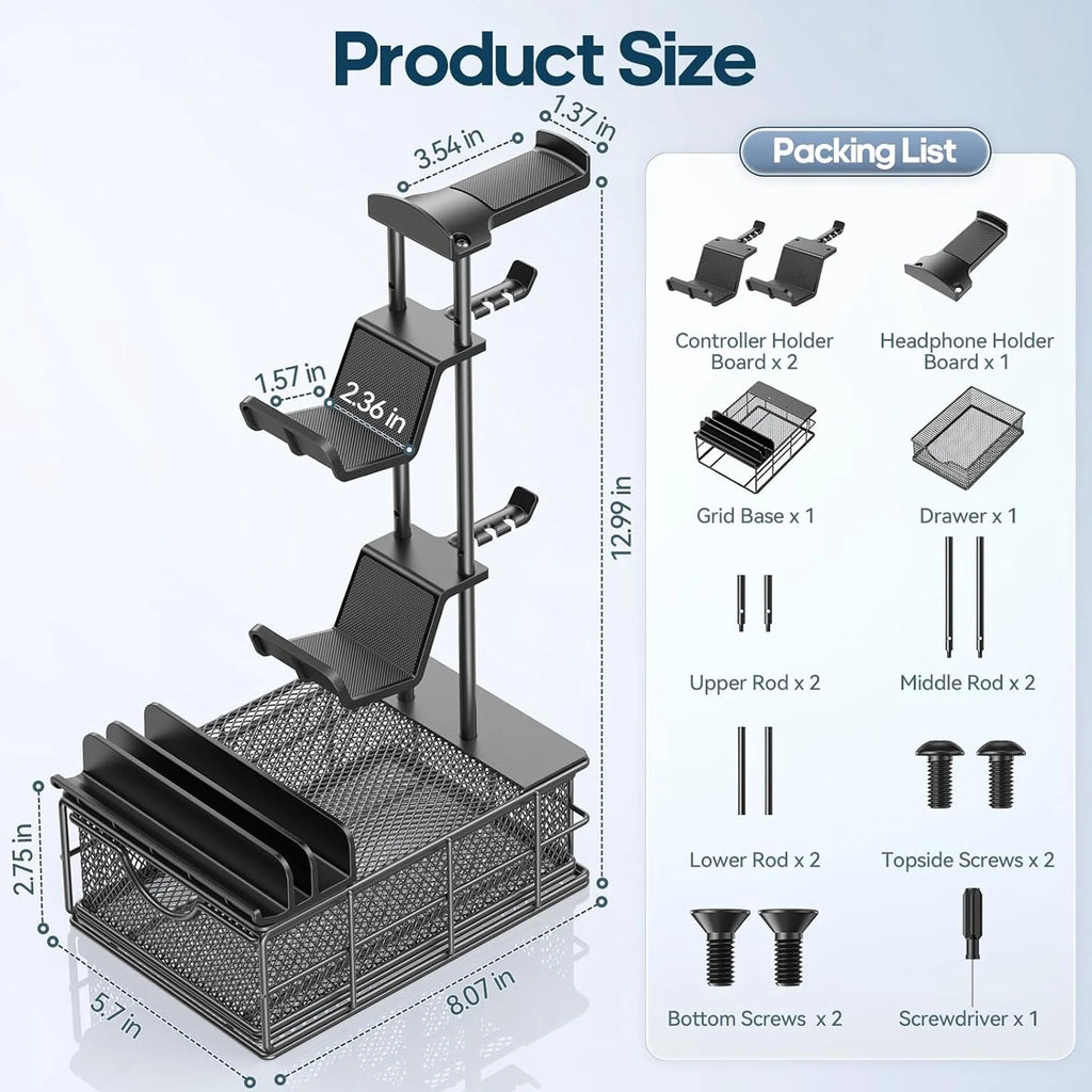 Headphone Stand, Gaming Controller Holder, Desk Organizer Metal Headset Stand with Drawer Cable Organizer