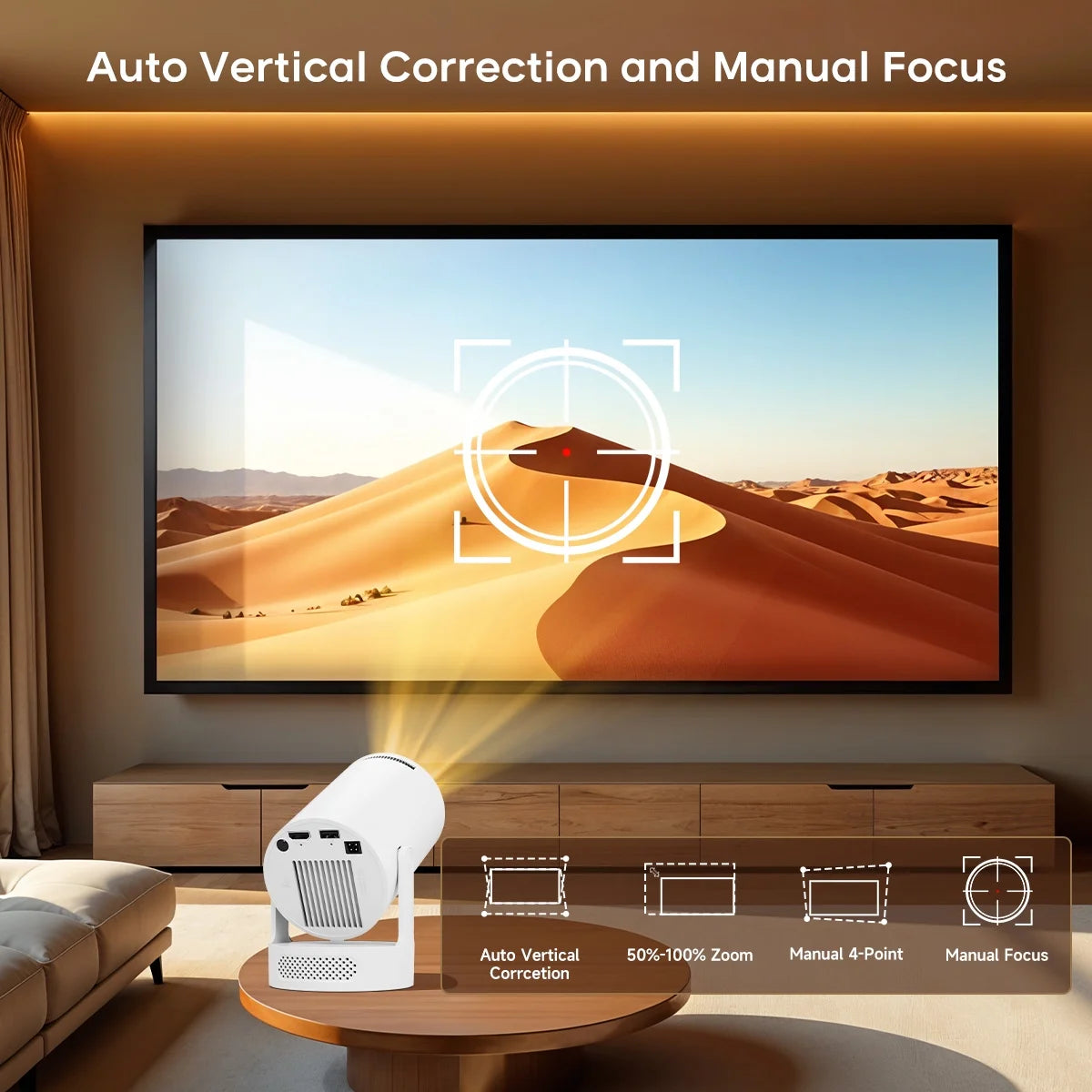 Mini Projector 8K&4K Support with Wifi 6 and BT 5.4, 5W Soundbase Speaker, Auto Vertical Keystone 180° Rotatable Portable Projector for Home Bedroom Outdoor Movies Hy300Pro+ White