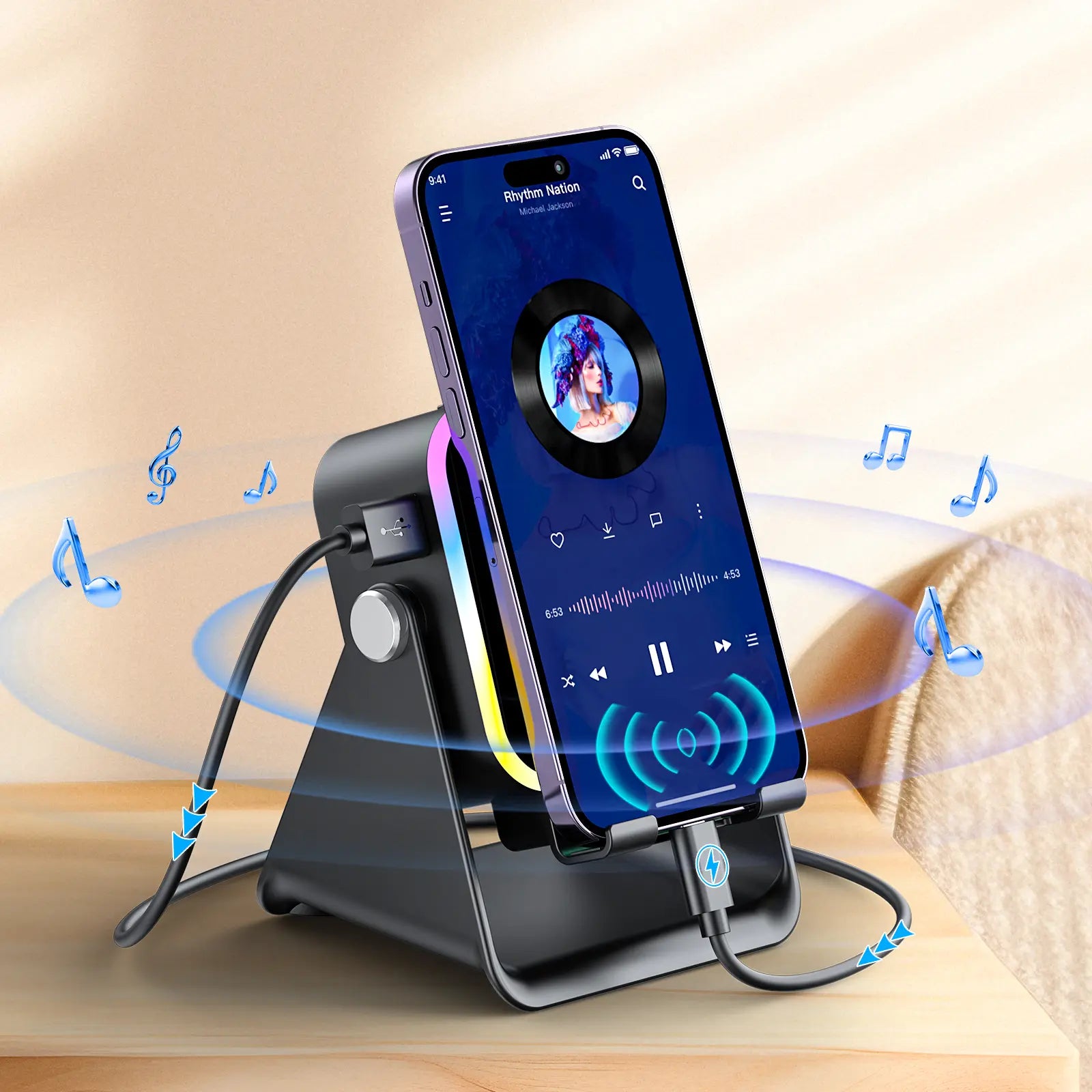 PUTARE Wireless Induction Audio Speaker Stand, 5In1 Cellphone Holder, 3500Mah Rechargeable Emergency Power Bank,360° Adjustable Mobile Tablet Stand with Colorful Ambient Light Gifts for Men Women Summerwins