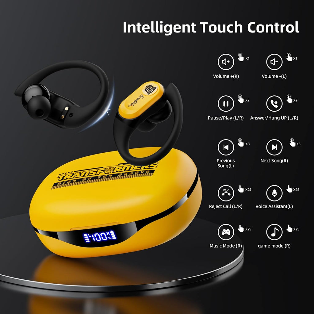 Transformers Earbuds T26 Pro, Bluetooth 5.4 Wireless Gaming Earbuds with Mic, over Ear Earbuds with Earhooks, 65H Playtime, Deep Bass, IPX5 Waterproof (Bumblebee Yellow)