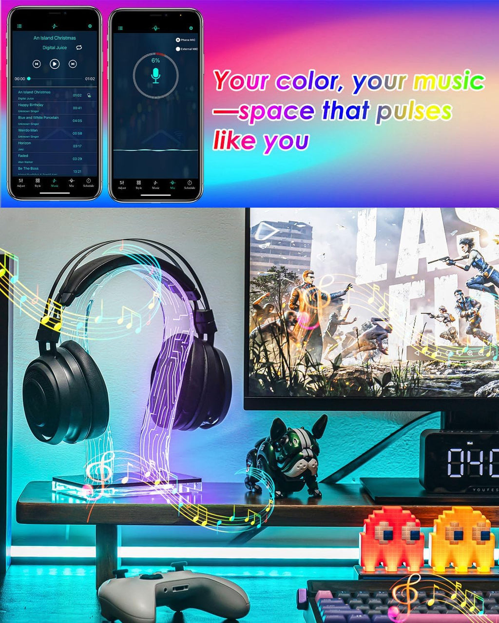 Acrylic RGB Headphone Stand | Customizable 213 Lighting Modes & 60,000 Colors, Lights Sync with Music Beat, Headset Stand with 4.8Ft USB Power Cable & Sturdy Build