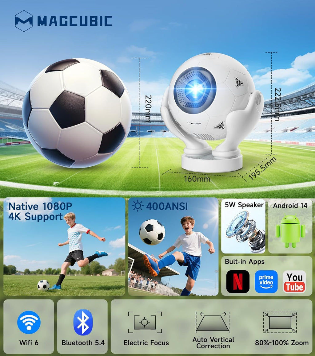 HY320F Soccer Projector, Native 1080P 4K Support, Wifi 6 Bluetooth 5.4, 400 ANSI, Android 14, Electric Focus Short Throw, Portable Mini Projector for 2026 World Cup Home Theater Outdoor