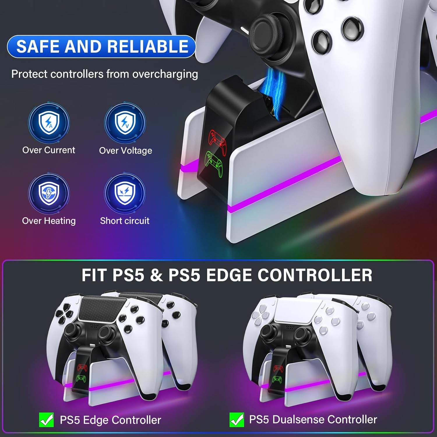 Charger Station for PS5 Controller - Charging Station for Dualsense/Edge Controller with 9 Color Led Light, Fast Charging Dock & Holder Charger Stand for PS5 Remote Accessories