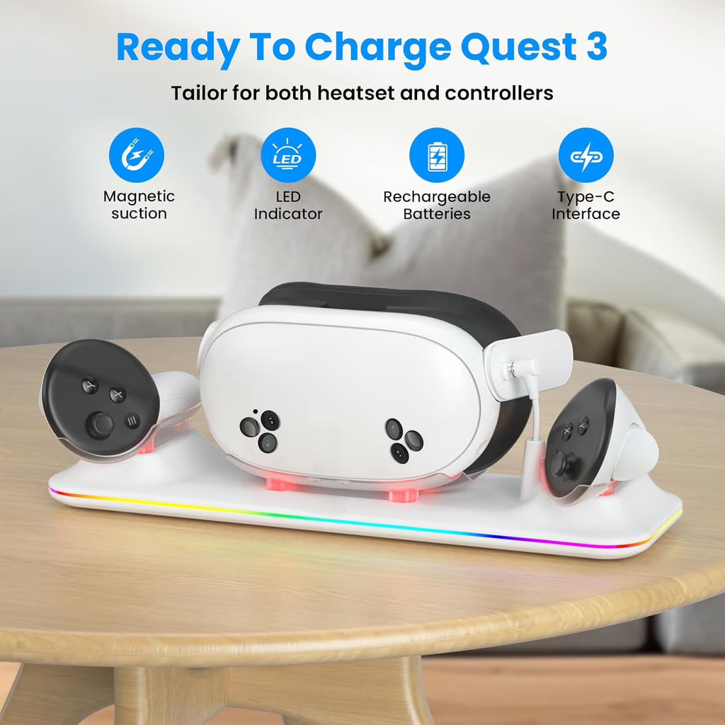 VR Charging Dock for Oculus/Meta Quest 3S - Magnetic Docking Station with LED Light - Charging Stationo Display with 2 * 1800Mah Rechargeable Batteries - VR Charging Stand Support Elite Strap,White