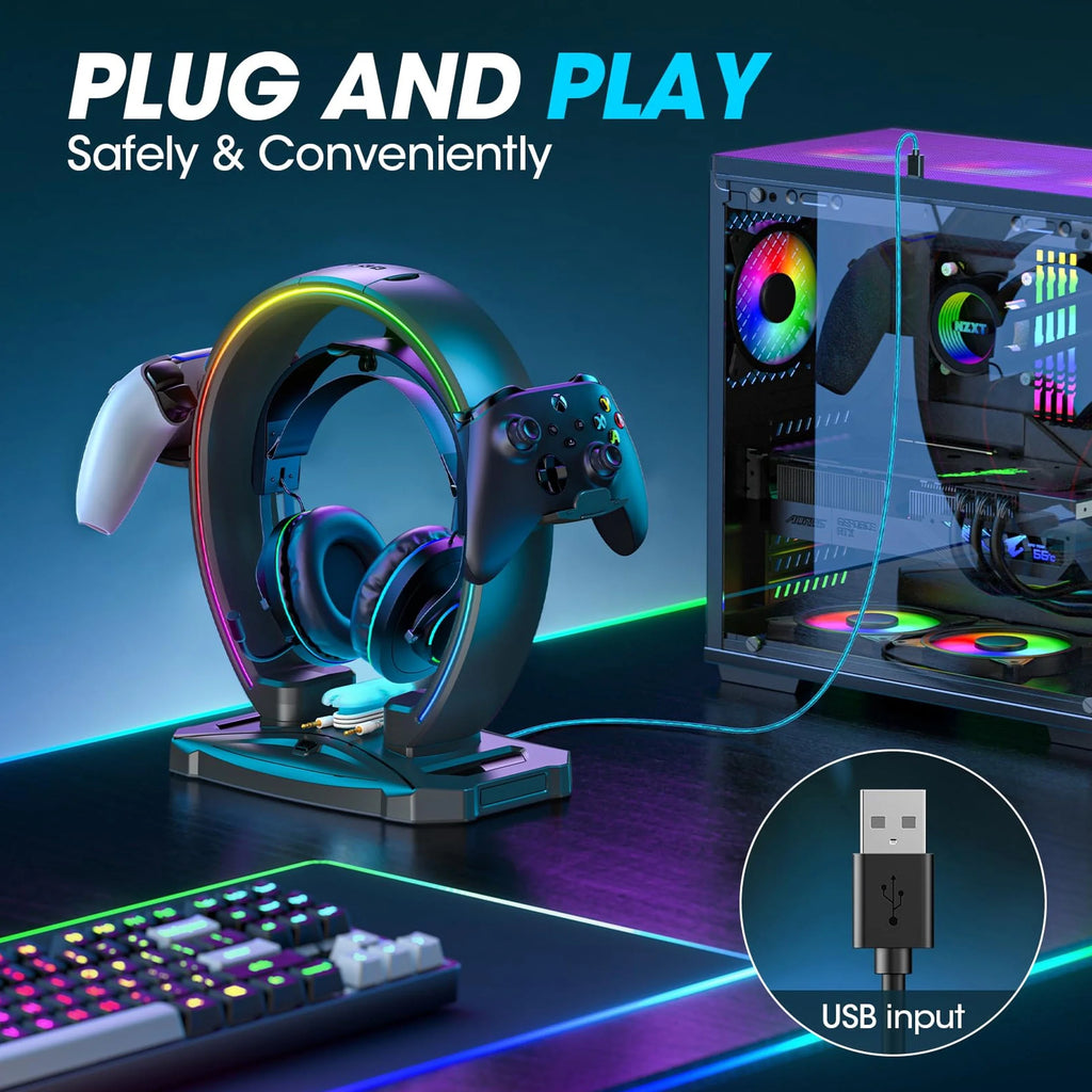 Headphone Stand, Controller Holder, RGB Gaming Headphone Stand with Cable Organizer for Desktop Organizers