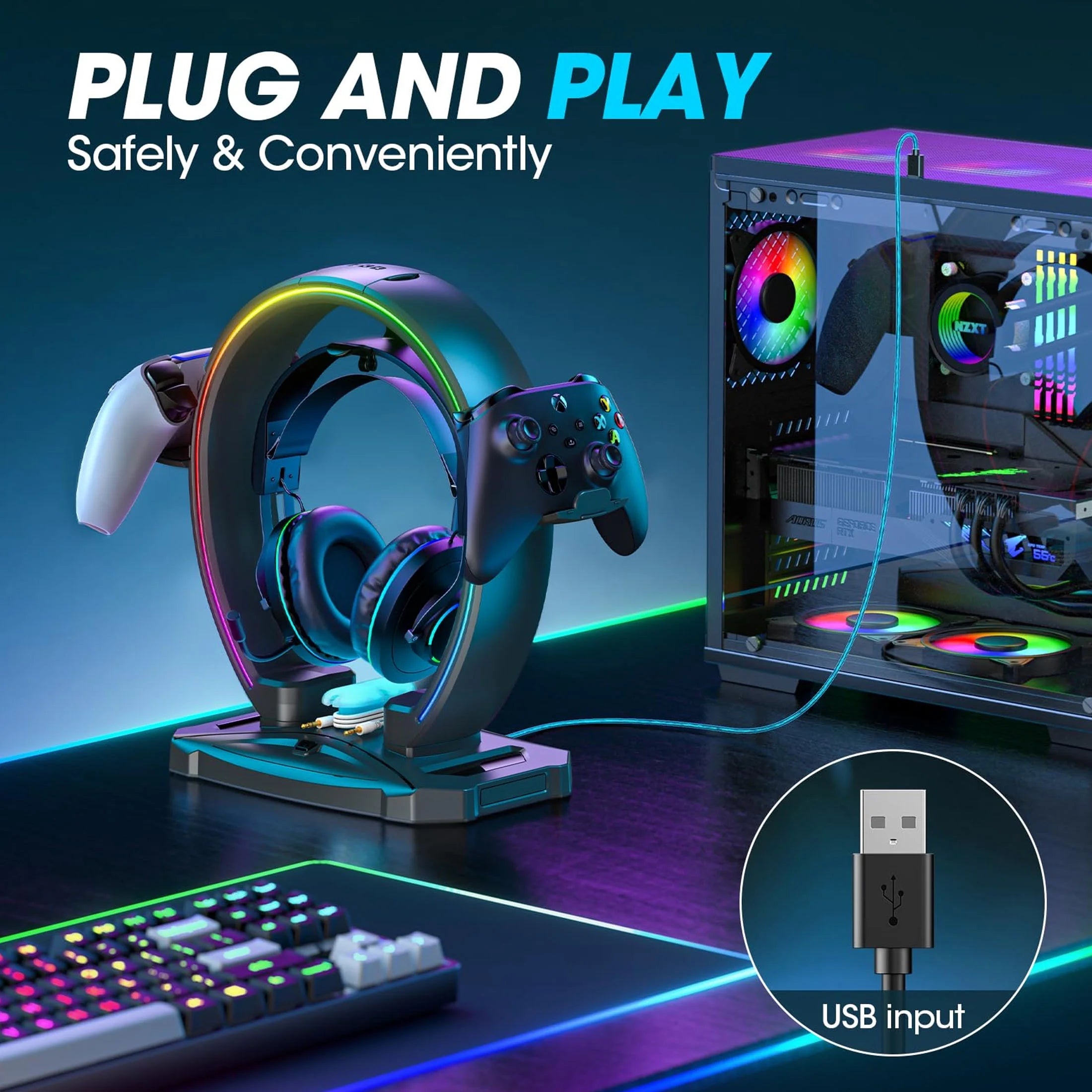 Headphone Stand, Controller Holder, RGB Gaming Headphone Stand with Cable Organizer for Desktop Organizers