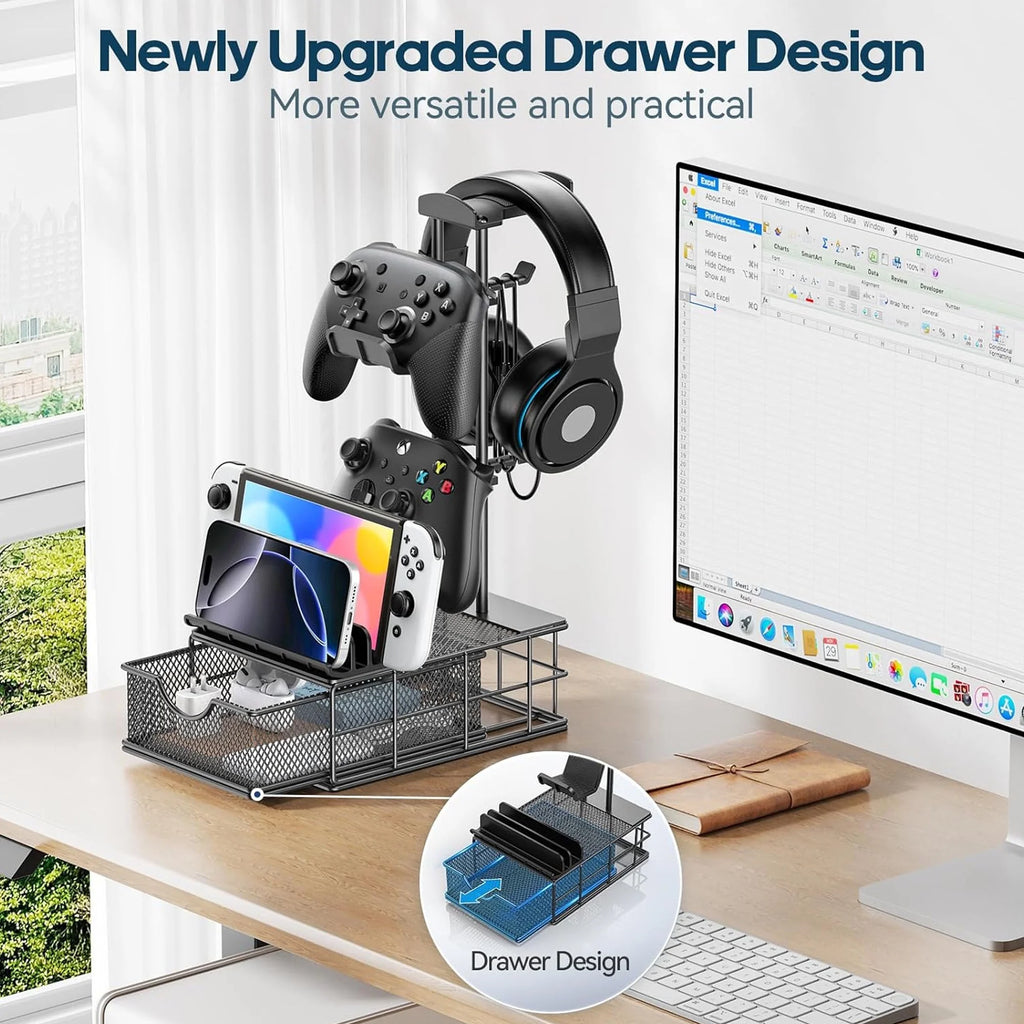 Headphone Stand, Gaming Controller Holder, Desk Organizer Metal Headset Stand with Drawer Cable Organizer