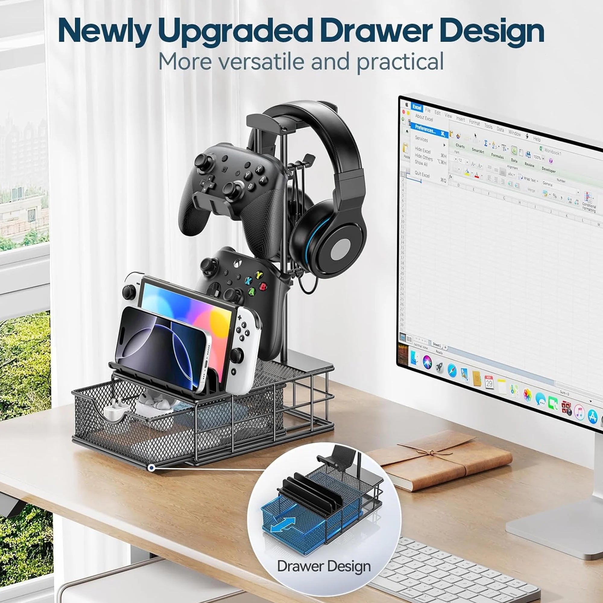 Headphone Stand, Gaming Controller Holder, Desk Organizer Metal Headset Stand with Drawer Cable Organizer