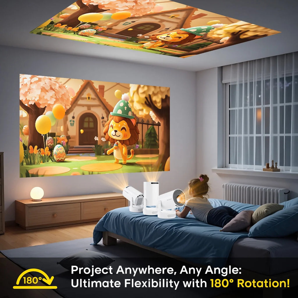 Mini Projector 8K&4K Support with Wifi 6 and BT 5.4, 5W Soundbase Speaker, Auto Vertical Keystone 180° Rotatable Portable Projector for Home Bedroom Outdoor Movies Hy300Pro+ White