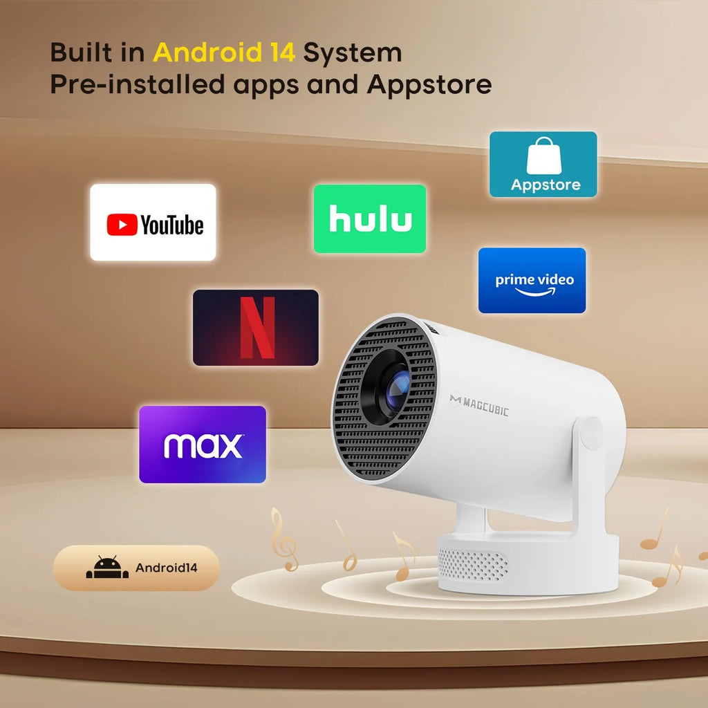 Mini Projector 8K&4K Support with Wifi 6 and BT 5.4, 5W Soundbase Speaker, Auto Vertical Keystone 180° Rotatable Portable Projector for Home Bedroom Outdoor Movies Hy300Pro+ White