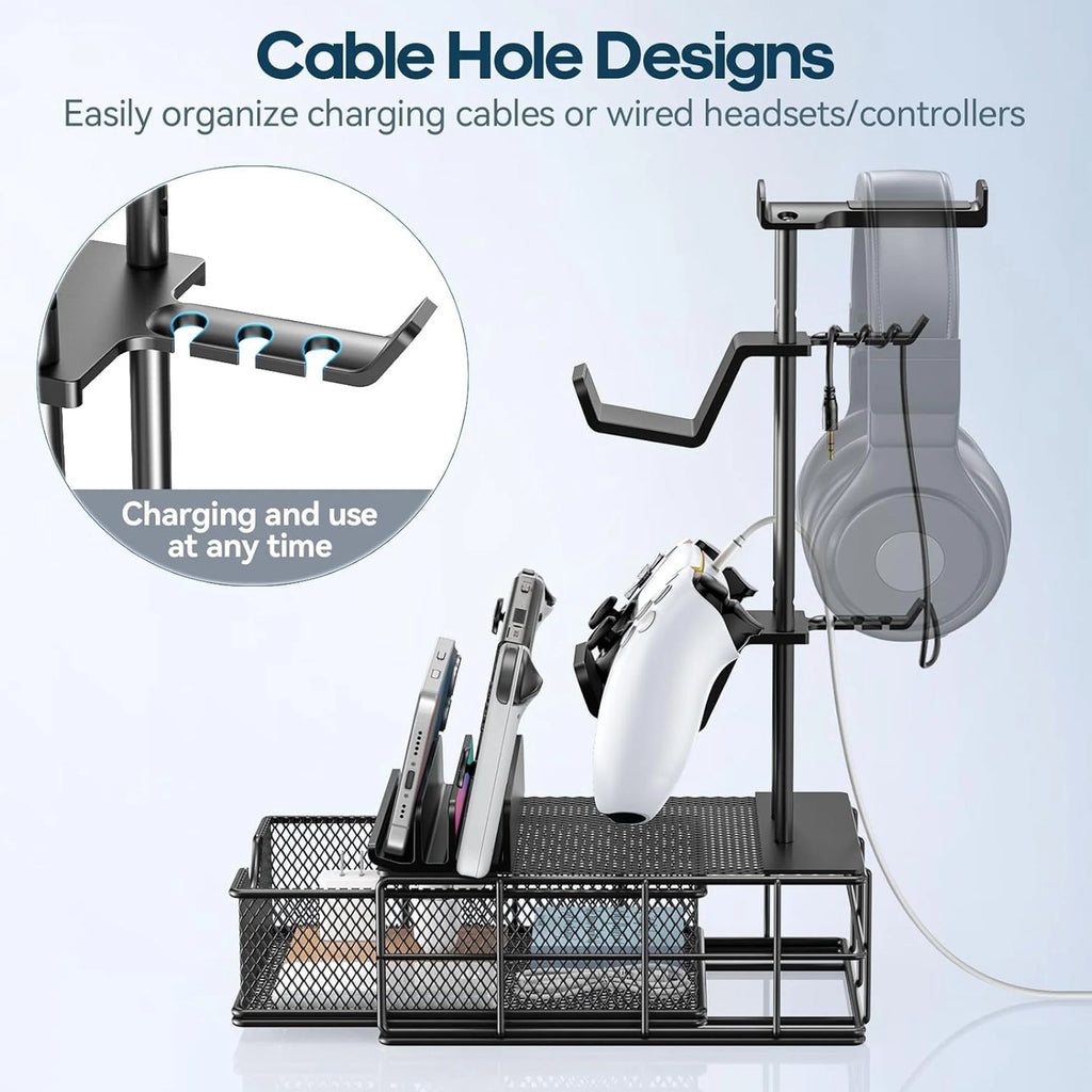 Headphone Stand, Gaming Controller Holder, Desk Organizer Metal Headset Stand with Drawer Cable Organizer