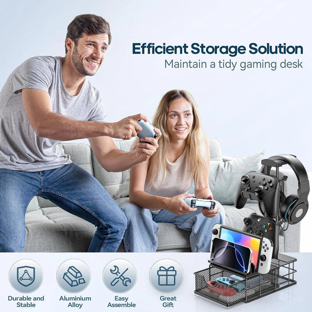 Headphone Stand, Gaming Controller Holder, Desk Organizer Metal Headset Stand with Drawer Cable Organizer