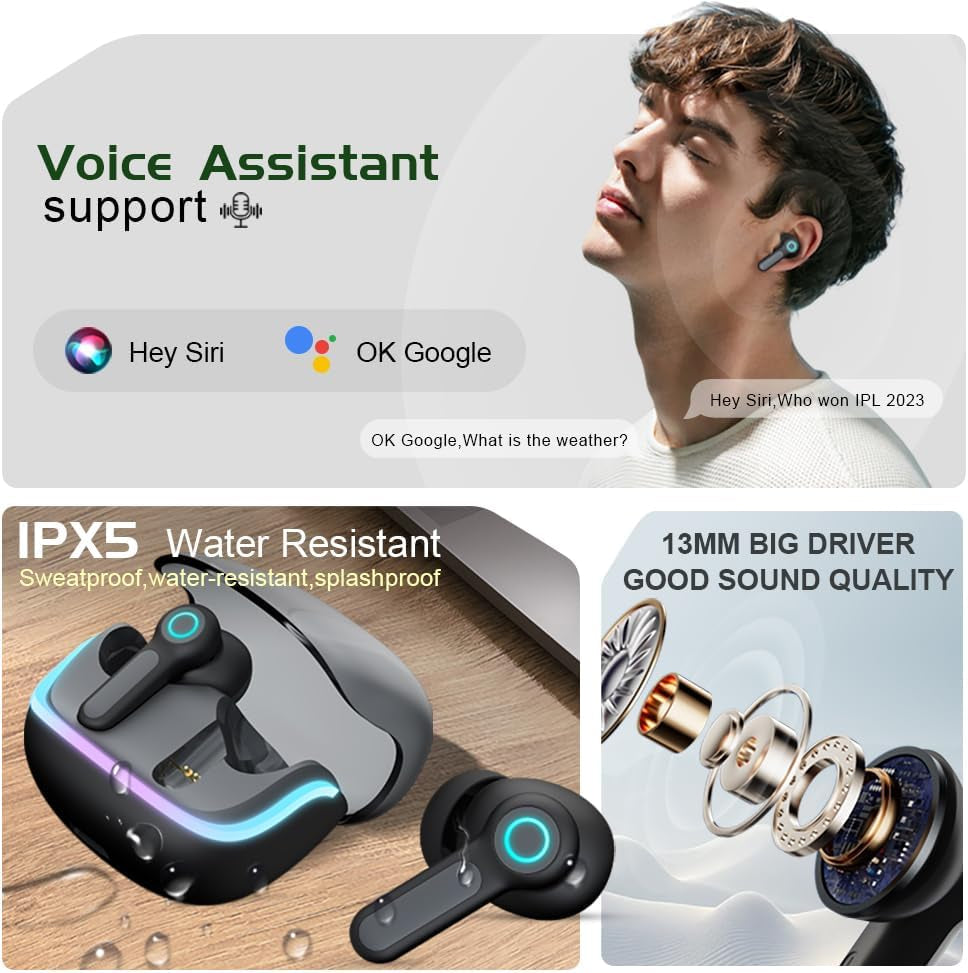 G07 Wireless Earbuds with RGB LED Light Gaming Earbuds with 40Ms Low Latency Dual Game and Music Mode Earphones Wireless Headphones with 50 Hours Worktime IPX5 Waterproof (Black)