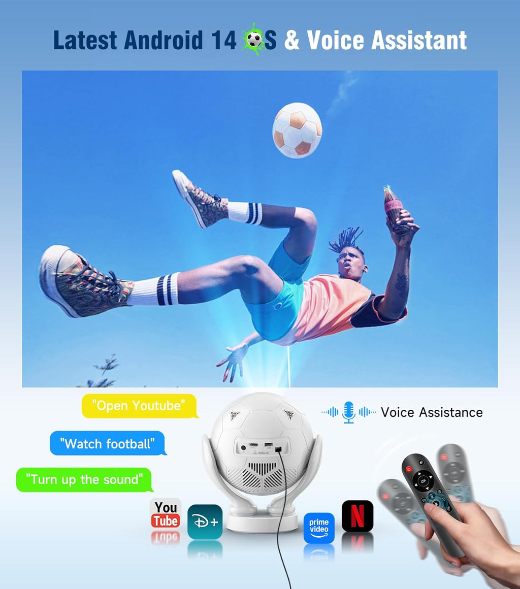 HY320F Soccer Projector, Native 1080P 4K Support, Wifi 6 Bluetooth 5.4, 400 ANSI, Android 14, Electric Focus Short Throw, Portable Mini Projector for 2026 World Cup Home Theater Outdoor