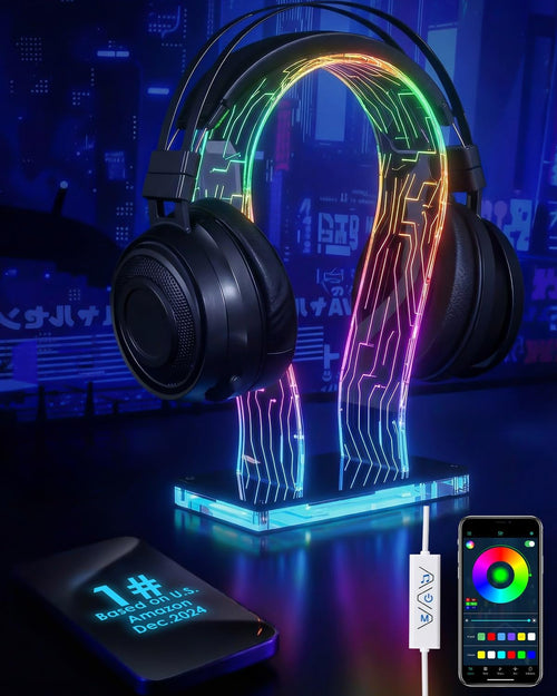 Acrylic RGB Headphone Stand | Customizable 213 Lighting Modes & 60,000 Colors, Lights Sync with Music Beat, Headset Stand with 4.8Ft USB Power Cable & Sturdy Build