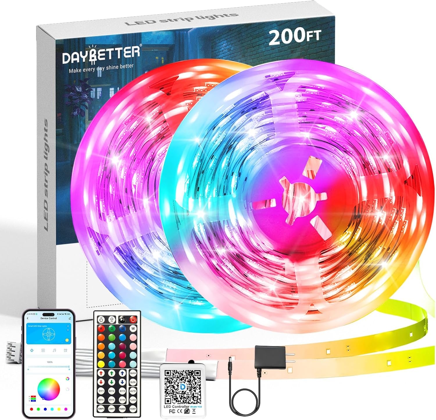 Led Strip Lights 200 Ft (2 Rolls of 100Ft) Smart Led Light Strips with Remote and App Control, RGB Music Sync Color Changing Led Lights for Bedroom, Kitchen, Party, Home Decor