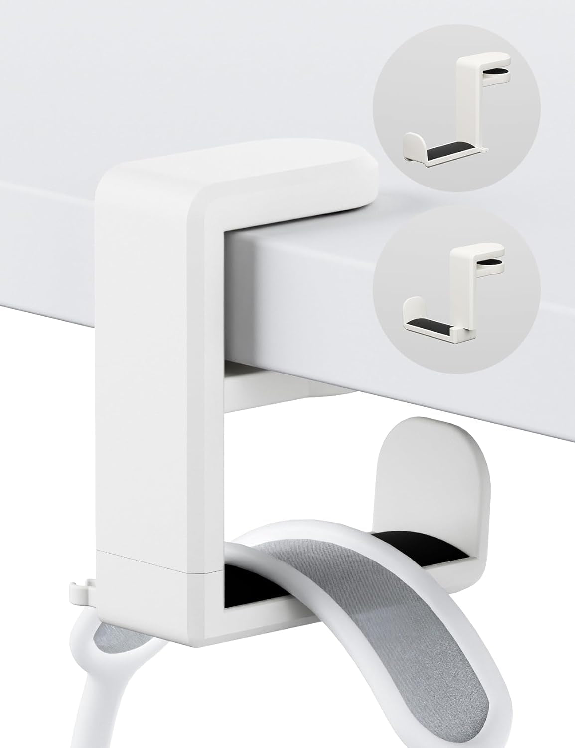 Headphone Hook under Desk Holder 360-Degree Adjustable Rotation, White | Fits 0.47-1.57 in Desks as Headset Stand Hanger, Easy Spring Clamp, Soft Rubber Pads, Built-In Loop for Cable Organizer