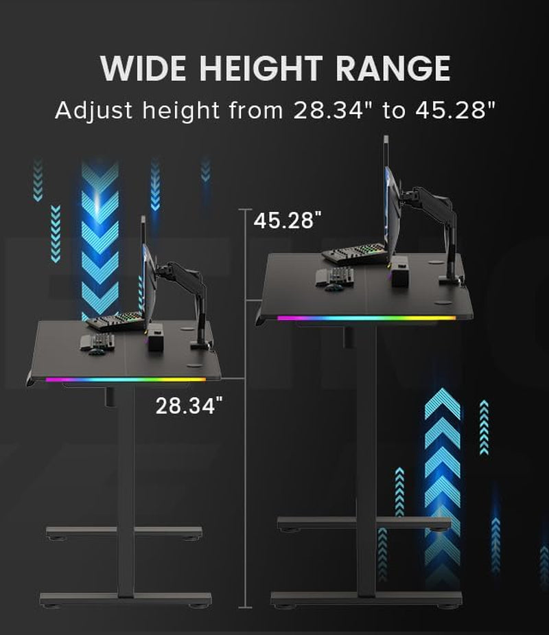 Electric Standing Desk, Gaming Desk with LED Lights, Height Adjustable - RGB Computer Desk with Mouse Pad for Home, Office