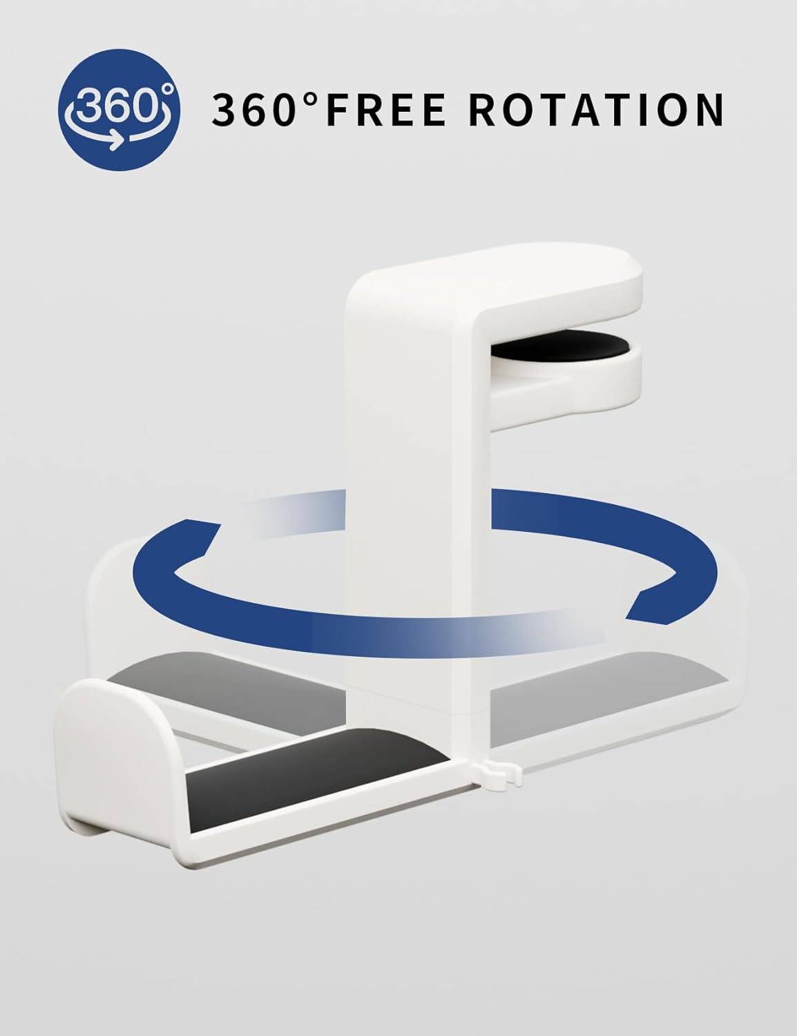 Headphone Hook under Desk Holder 360-Degree Adjustable Rotation, White | Fits 0.47-1.57 in Desks as Headset Stand Hanger, Easy Spring Clamp, Soft Rubber Pads, Built-In Loop for Cable Organizer