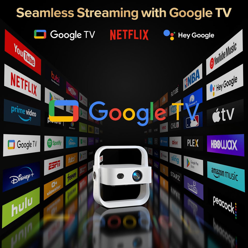 [Official Licensed Google TV] Projector, Smart 4K&1080P Projector with Wifi and Bluetooth, Auto Focus & Keystone, Voice Control Movie Video Projector, Home Projector with 360° Rotating Stand