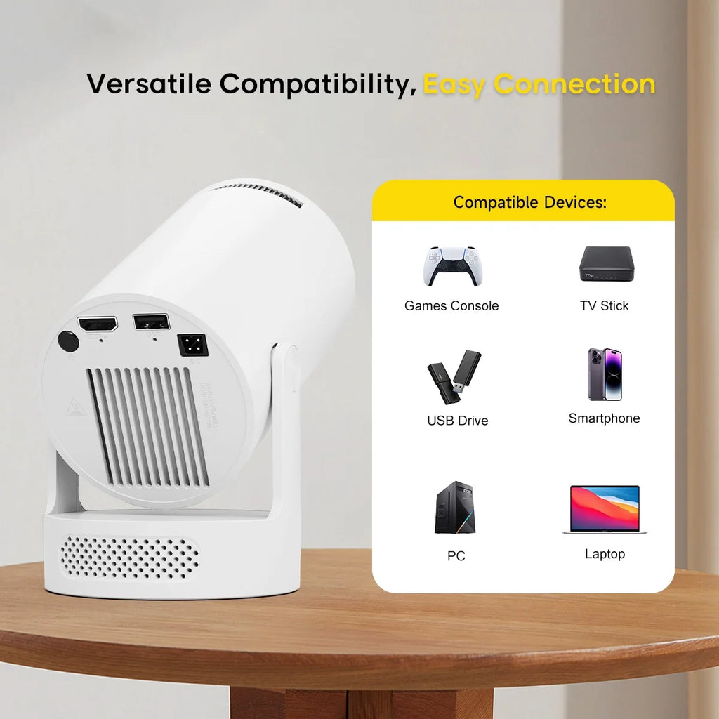 Mini Projector 8K&4K Support with Wifi 6 and BT 5.4, 5W Soundbase Speaker, Auto Vertical Keystone 180° Rotatable Portable Projector for Home Bedroom Outdoor Movies Hy300Pro+ White