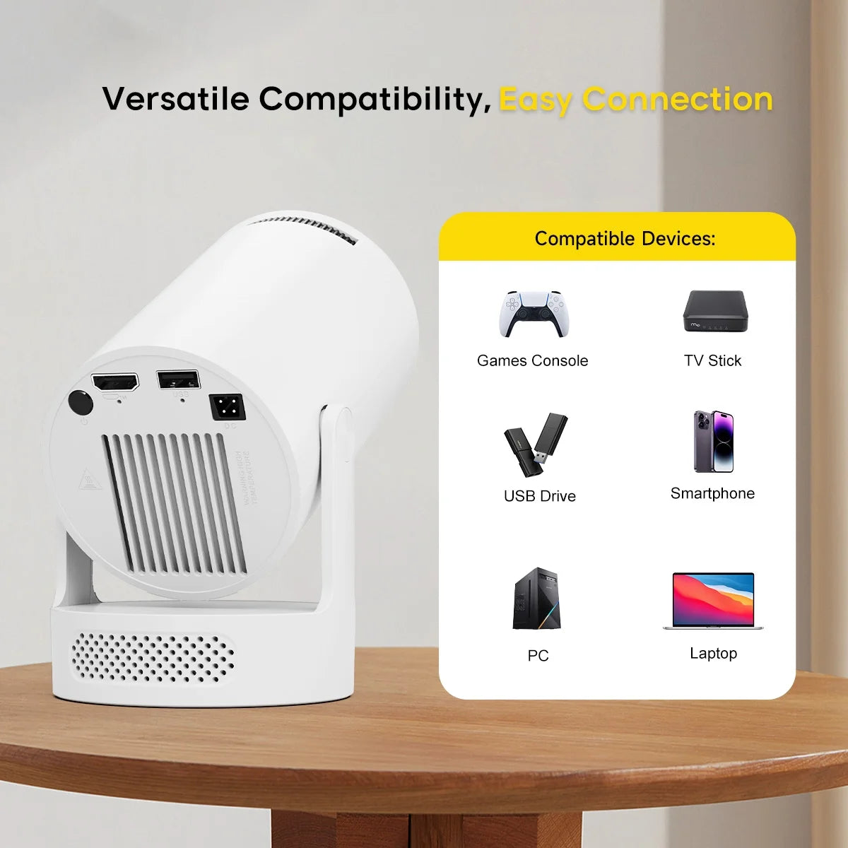 Mini Projector 8K&4K Support with Wifi 6 and BT 5.4, 5W Soundbase Speaker, Auto Vertical Keystone 180° Rotatable Portable Projector for Home Bedroom Outdoor Movies Hy300Pro+ White