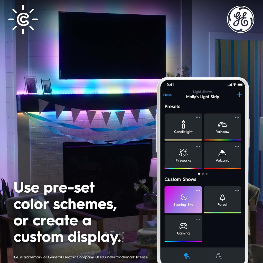 GE  Dynamic Effects Smart LED Light Strip with Music Sync, Color Changing Wifi Lights, Indoor Light Strip, Compatible with Alexa and Google Home, 16Ft and Power Supply
