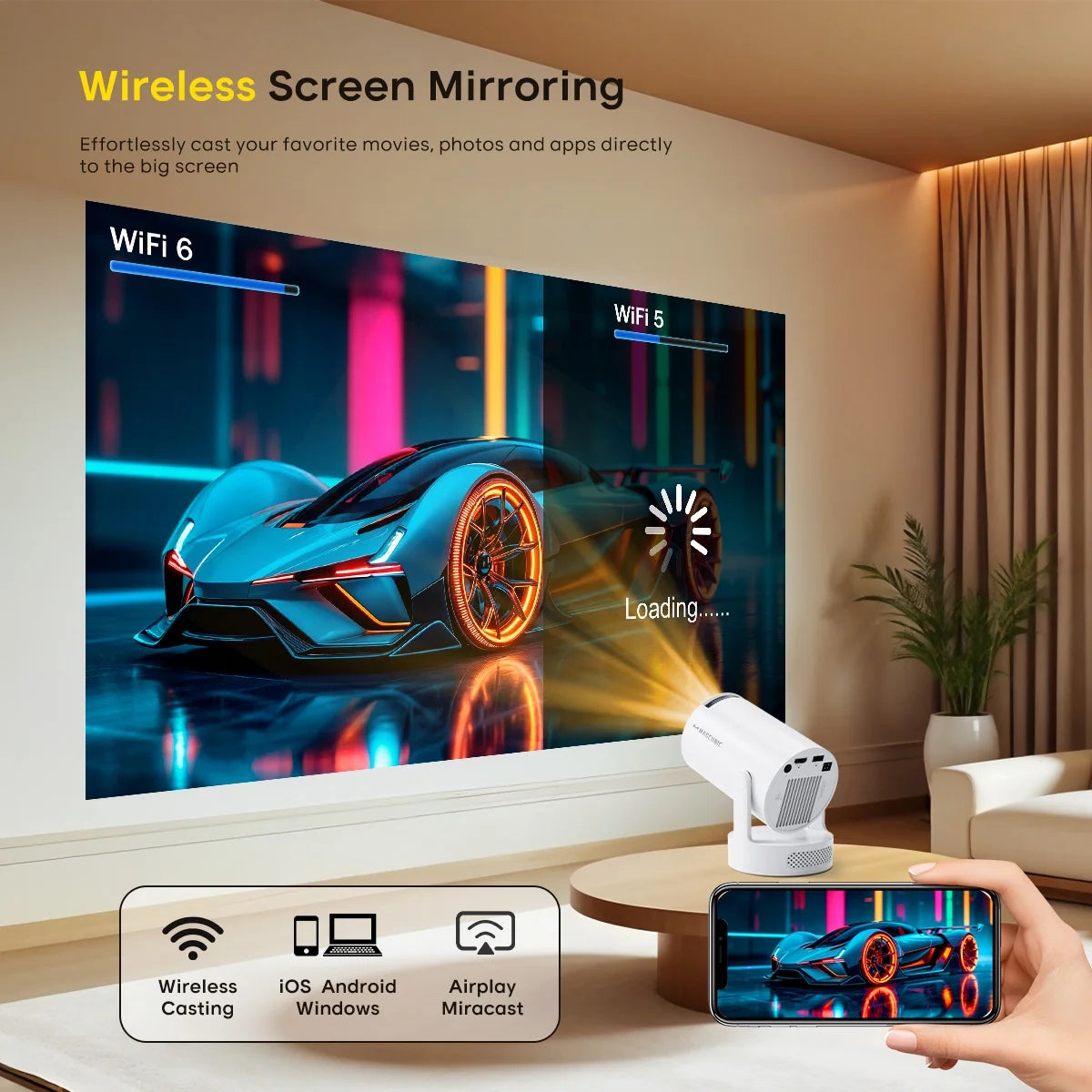 Mini Projector 8K&4K Support with Wifi 6 and BT 5.4, 5W Soundbase Speaker, Auto Vertical Keystone 180° Rotatable Portable Projector for Home Bedroom Outdoor Movies Hy300Pro+ White