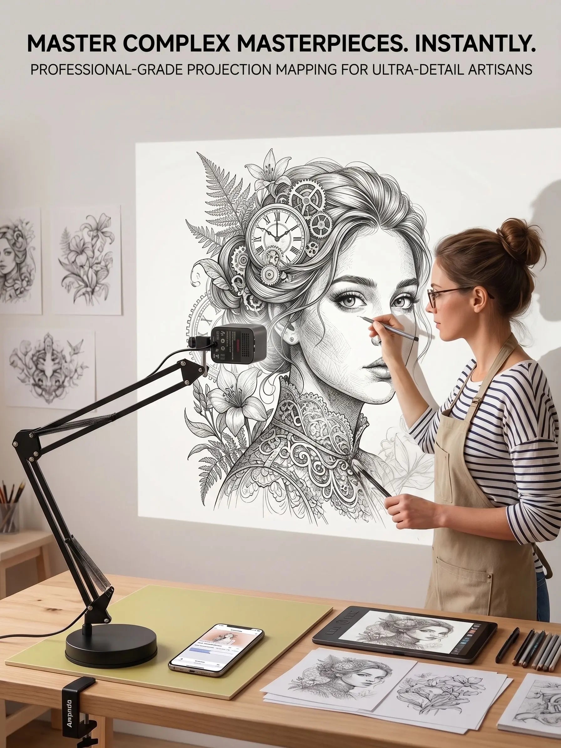 Art Tracing Projector with 360° Flexible Arm - Beginner-Friendly Digital Drawing Tool for Sketching, Painting, Wall Murals and Cookie Decorating