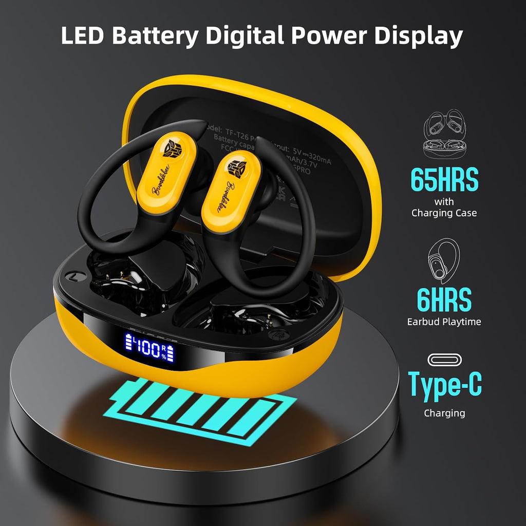 Transformers Earbuds T26 Pro, Bluetooth 5.4 Wireless Gaming Earbuds with Mic, over Ear Earbuds with Earhooks, 65H Playtime, Deep Bass, IPX5 Waterproof (Bumblebee Yellow)