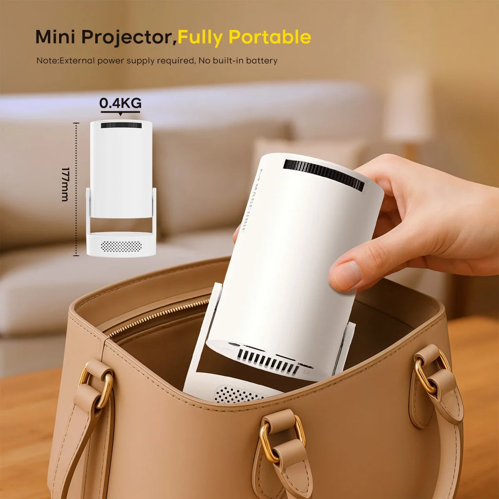 Mini Projector 8K&4K Support with Wifi 6 and BT 5.4, 5W Soundbase Speaker, Auto Vertical Keystone 180° Rotatable Portable Projector for Home Bedroom Outdoor Movies Hy300Pro+ White