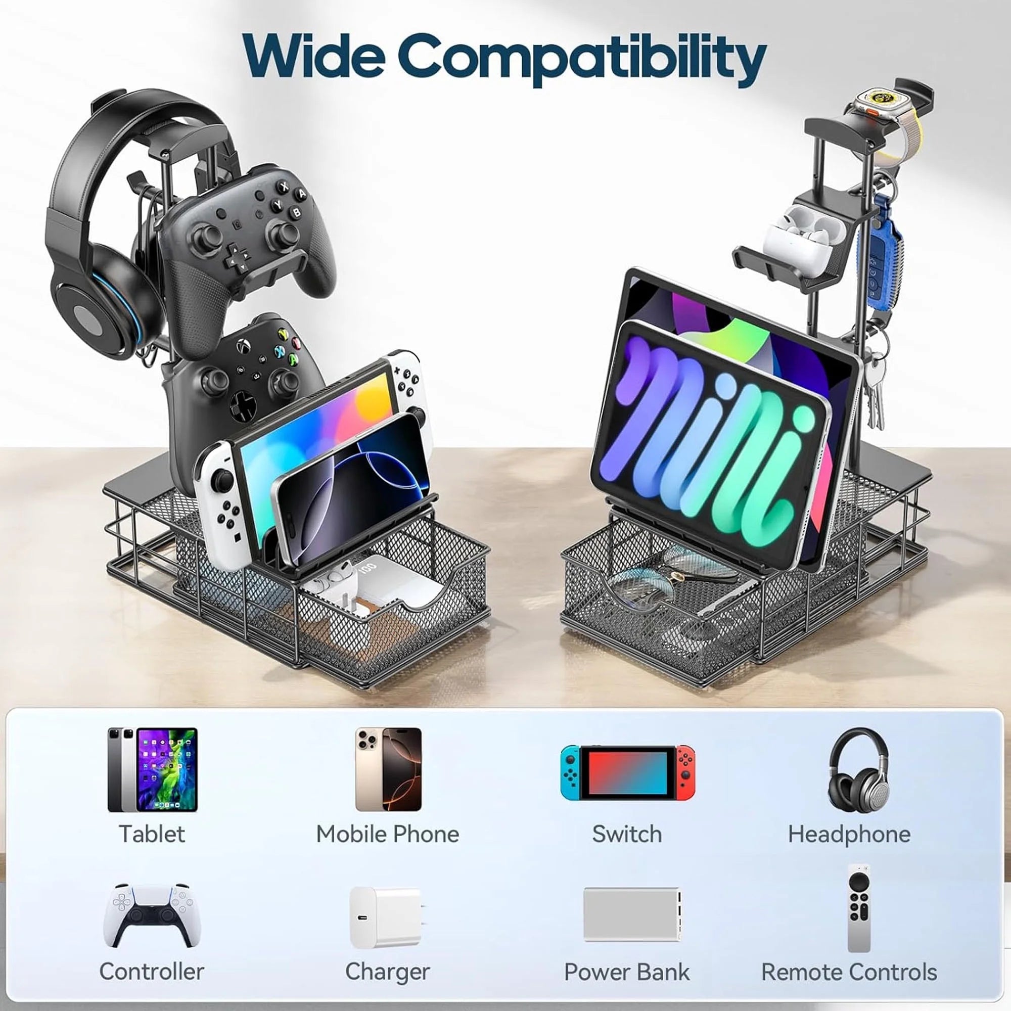 Headphone Stand, Gaming Controller Holder, Desk Organizer Metal Headset Stand with Drawer Cable Organizer
