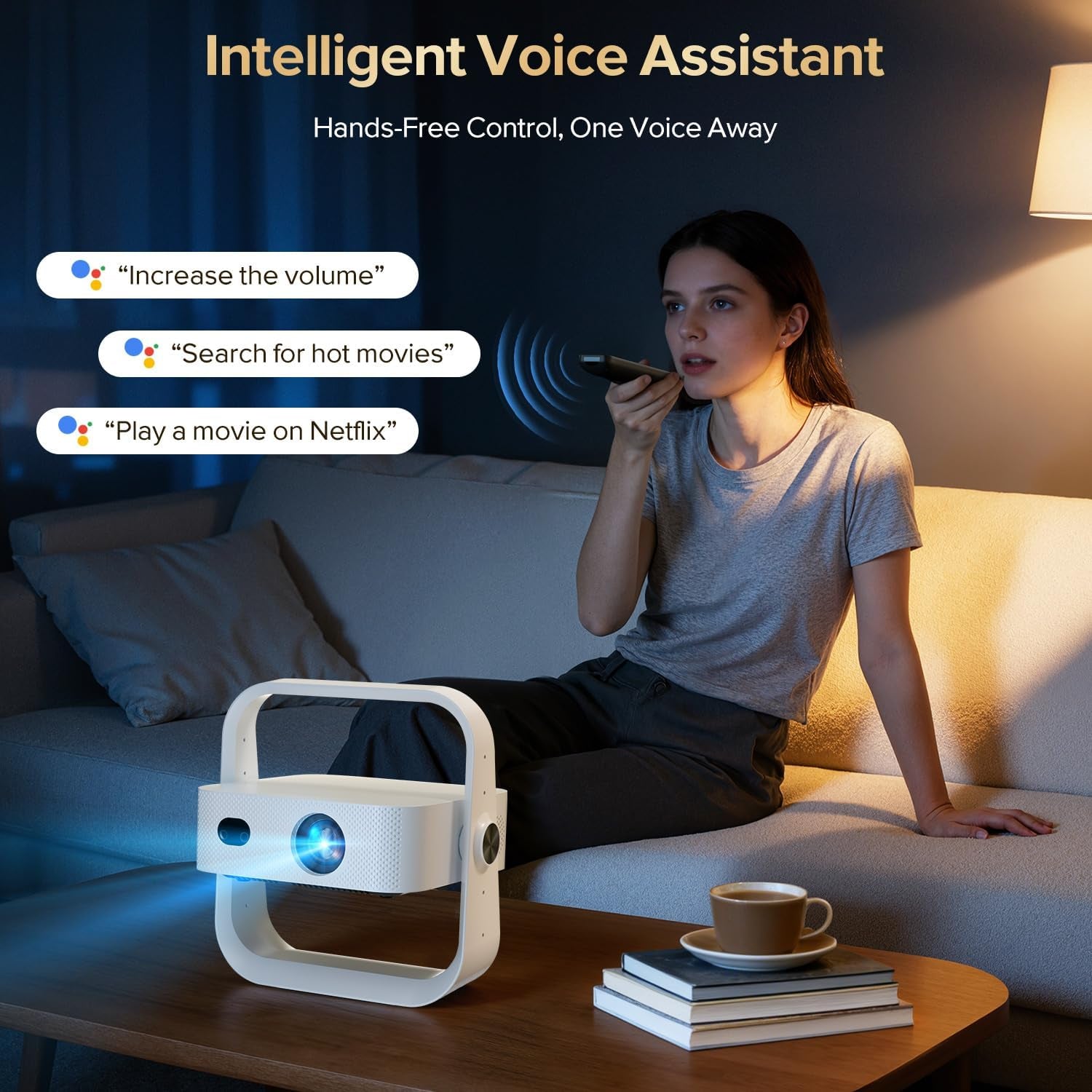 [Official Licensed Google TV] Projector, Smart 4K&1080P Projector with Wifi and Bluetooth, Auto Focus & Keystone, Voice Control Movie Video Projector, Home Projector with 360° Rotating Stand