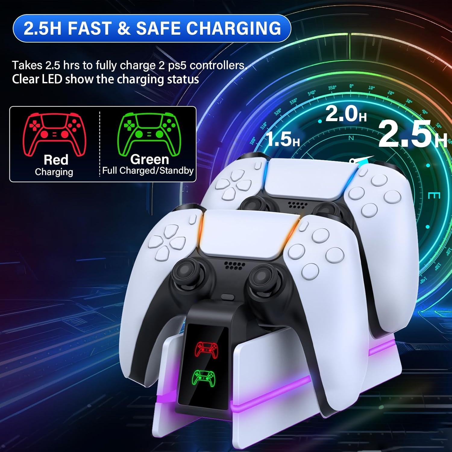 Charger Station for PS5 Controller - Charging Station for Dualsense/Edge Controller with 9 Color Led Light, Fast Charging Dock & Holder Charger Stand for PS5 Remote Accessories