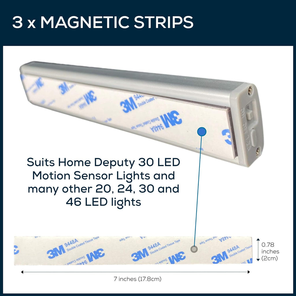 Magnetic Strips for Motion Sensor Lights - 3 Pack - Replacement Magnetic Strips with Adhesive Backing for LED under Cabinet Lights