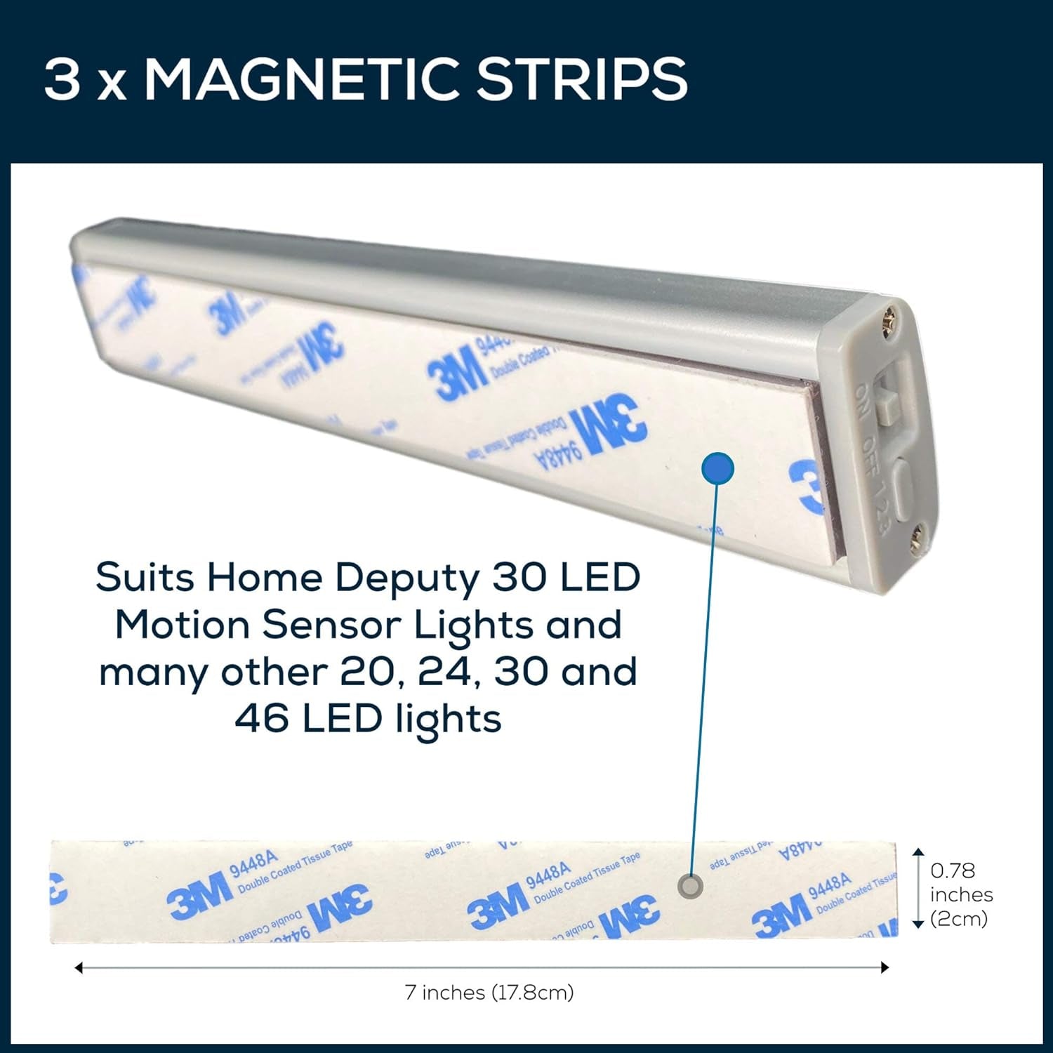 Magnetic Strips for Motion Sensor Lights - 3 Pack - Replacement Magnetic Strips with Adhesive Backing for LED under Cabinet Lights