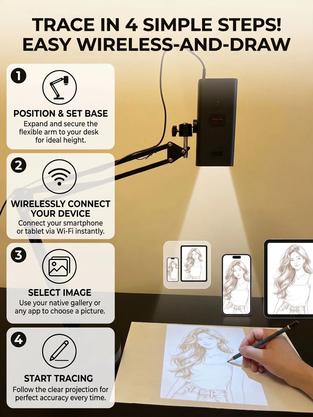 Art Tracing Projector with 360° Flexible Arm - Beginner-Friendly Digital Drawing Tool for Sketching, Painting, Wall Murals and Cookie Decorating