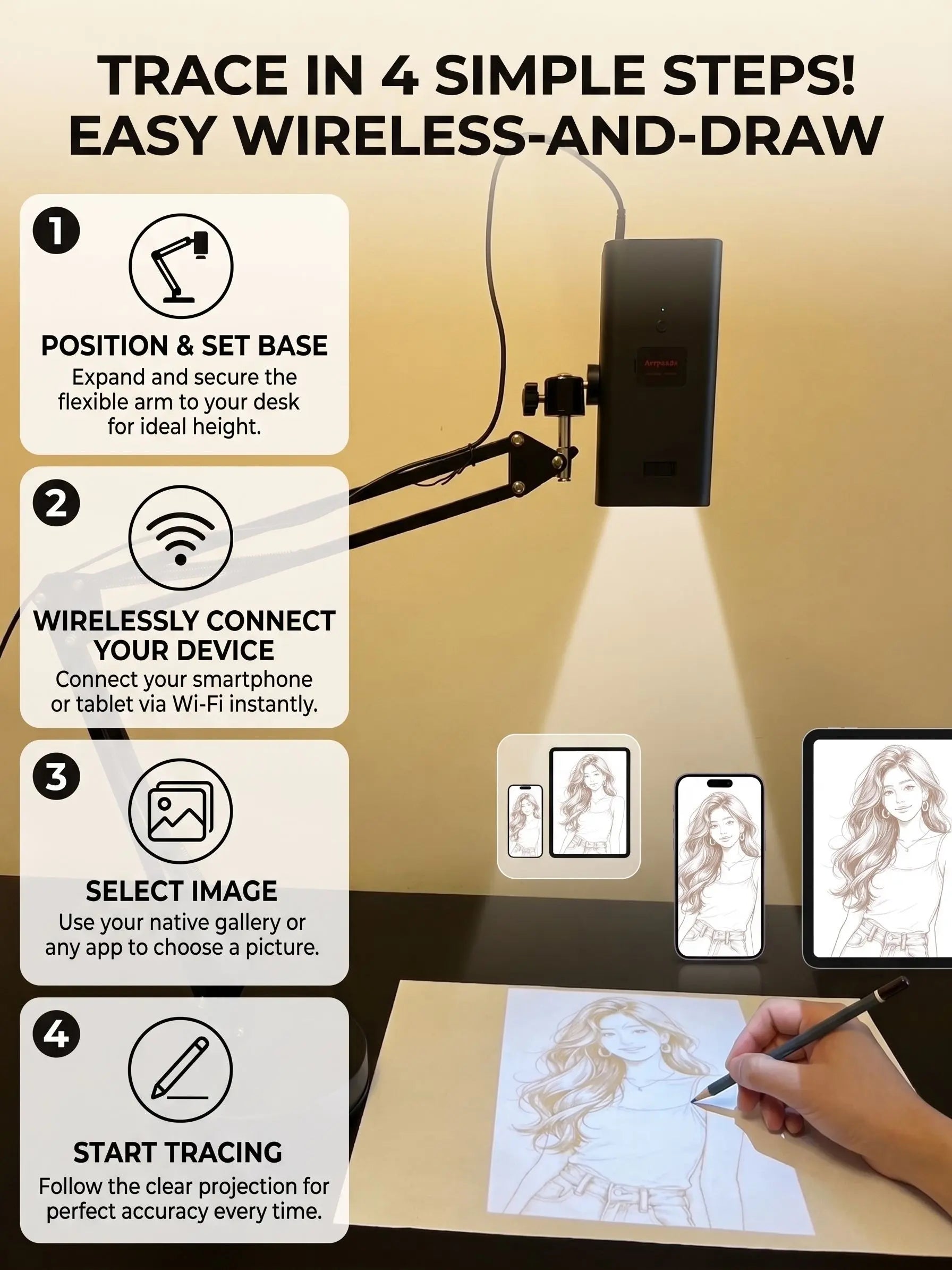 Art Tracing Projector with 360° Flexible Arm - Beginner-Friendly Digital Drawing Tool for Sketching, Painting, Wall Murals and Cookie Decorating