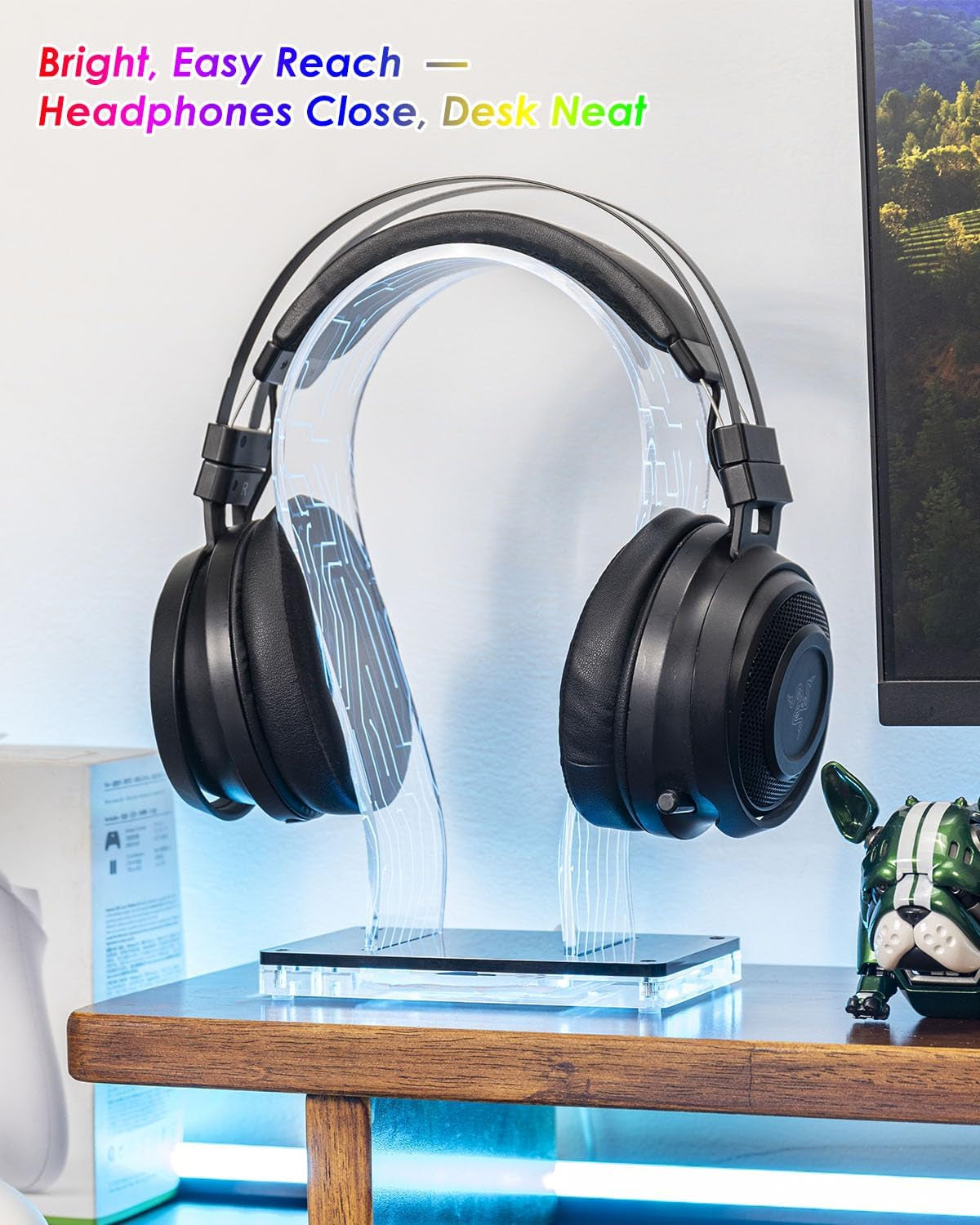 Acrylic RGB Headphone Stand | Customizable 213 Lighting Modes & 60,000 Colors, Lights Sync with Music Beat, Headset Stand with 4.8Ft USB Power Cable & Sturdy Build