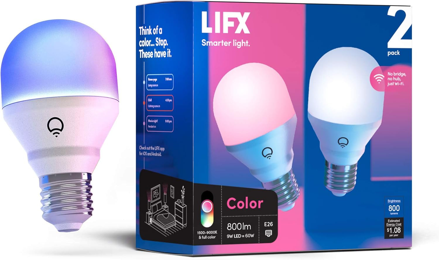 Color A19 800 Lumens, Billions of Colors and Whites, Wi-Fi Smart LED Light Bulb & Color, A19 1100 Lumens, Wi-Fi Smart LED Light Bulb, Billions of Colors and Whites