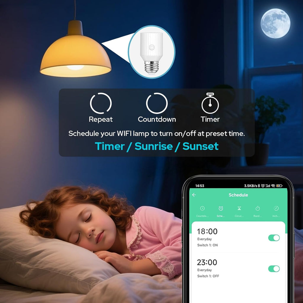 Smart Wi-Fi Light Bulb Socket Adapter, Voice for Alexa/Google, Smart Life App Group & Timer, 60W Max, Incandescent Compatible, E26/E27, 2 Pack