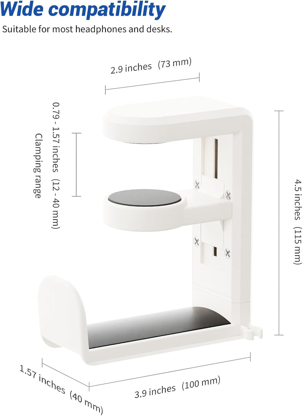 Headphone Hook under Desk Holder 360-Degree Adjustable Rotation, White | Fits 0.47-1.57 in Desks as Headset Stand Hanger, Easy Spring Clamp, Soft Rubber Pads, Built-In Loop for Cable Organizer