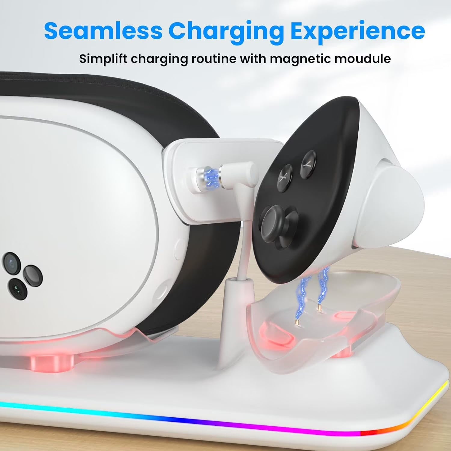 VR Charging Dock for Oculus/Meta Quest 3S - Magnetic Docking Station with LED Light - Charging Stationo Display with 2 * 1800Mah Rechargeable Batteries - VR Charging Stand Support Elite Strap,White