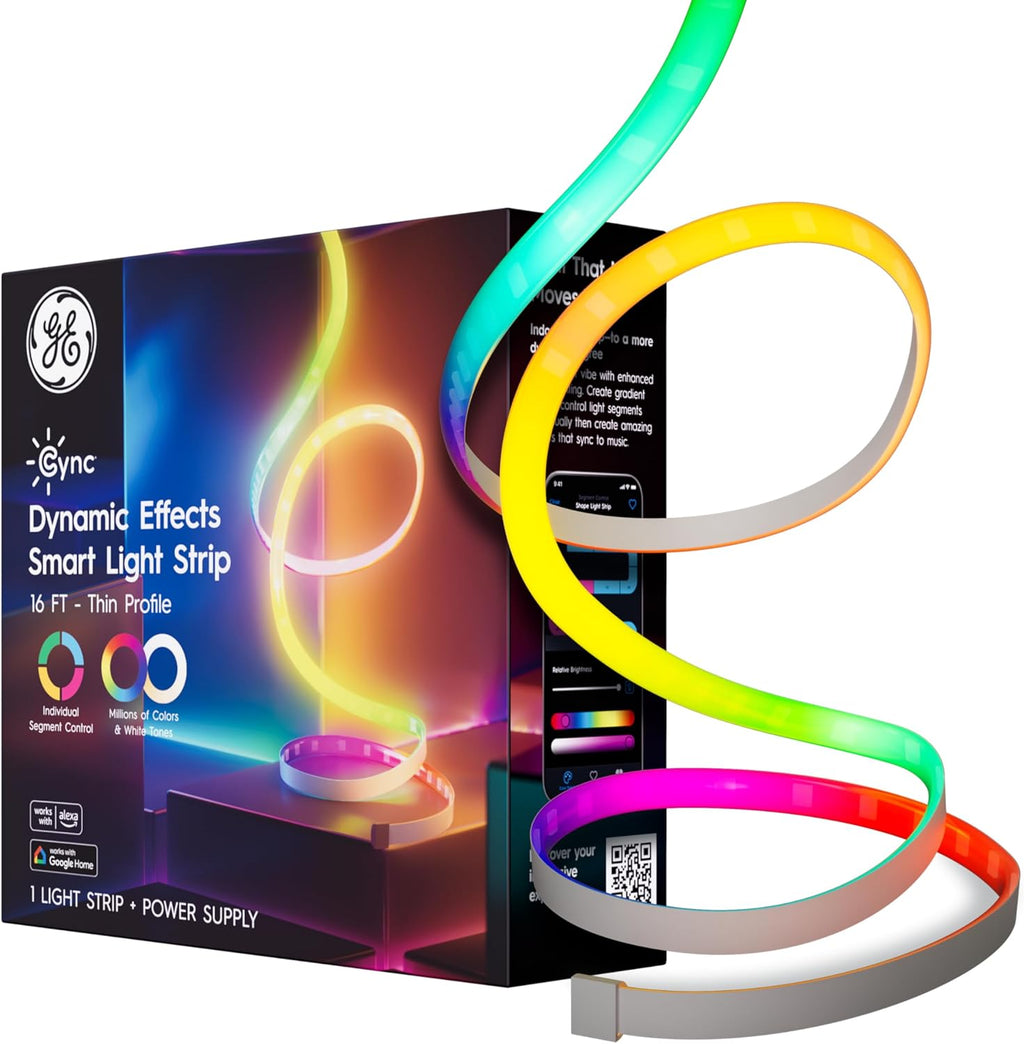 GE  Dynamic Effects Smart LED Light Strip with Music Sync, Color Changing Wifi Lights, Indoor Light Strip, Compatible with Alexa and Google Home, 16Ft and Power Supply
