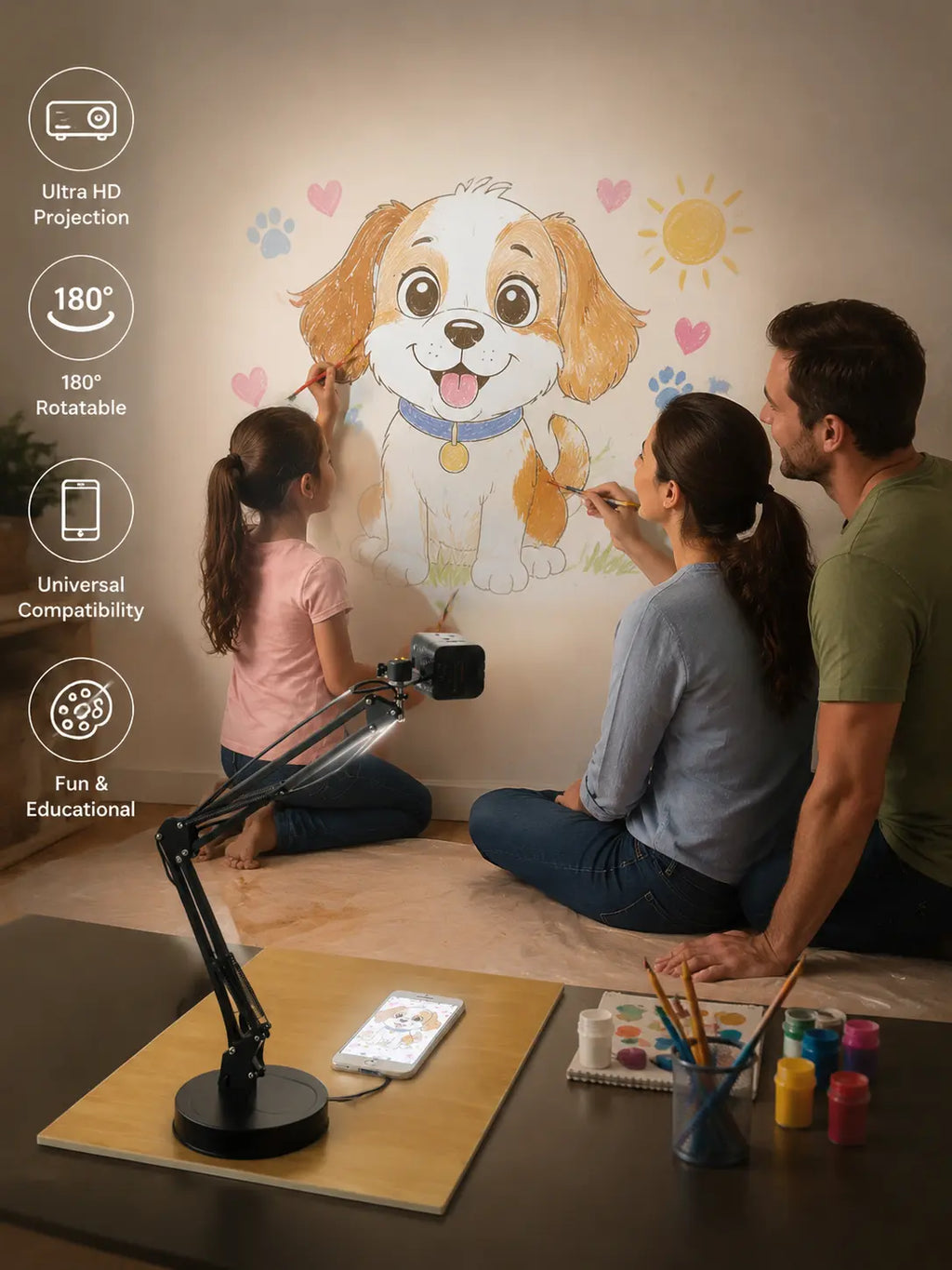 Art Tracing Projector with 360° Flexible Arm - Beginner-Friendly Digital Drawing Tool for Sketching, Painting, Wall Murals and Cookie Decorating
