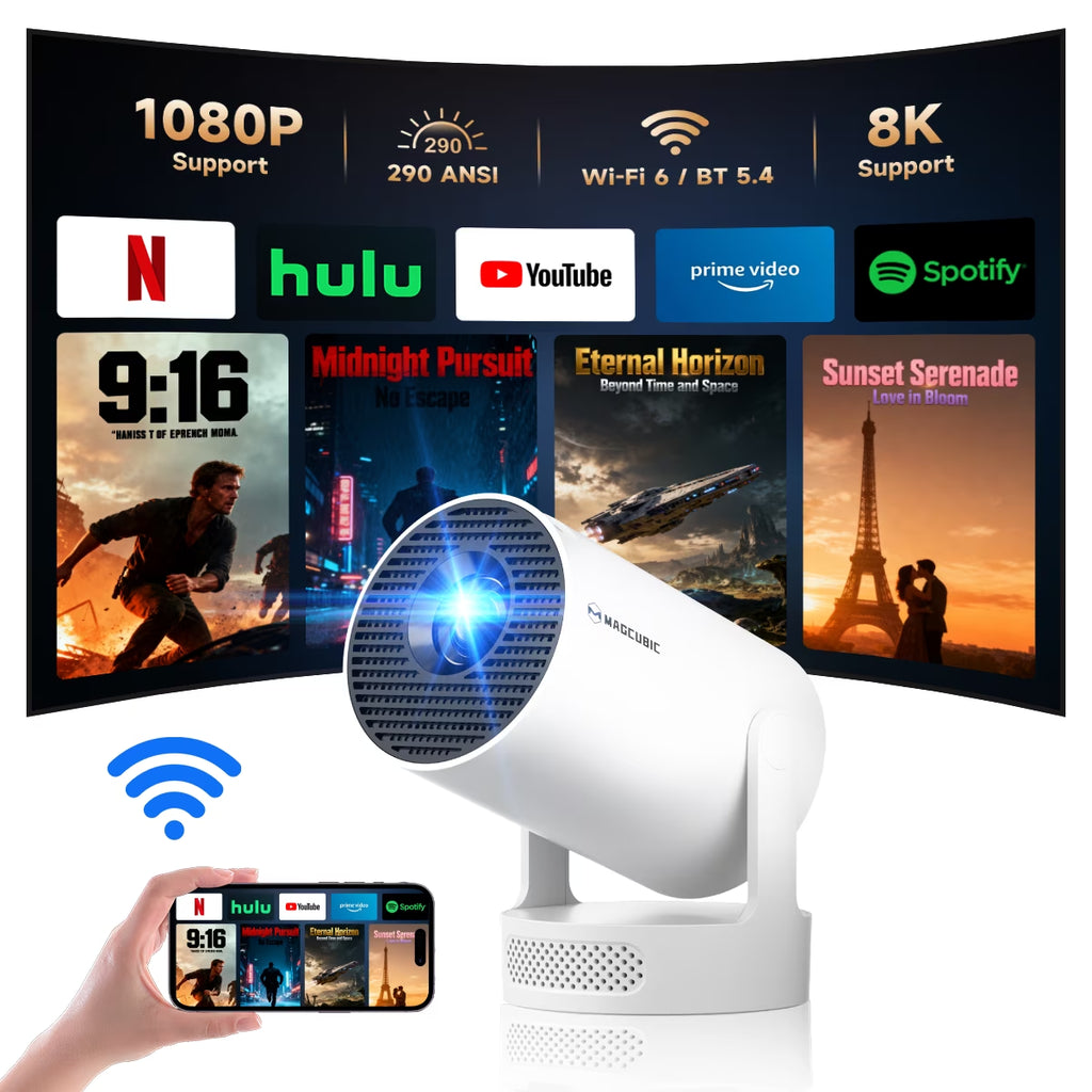 Mini Projector 8K&4K Support with Wifi 6 and BT 5.4, 5W Soundbase Speaker, Auto Vertical Keystone 180° Rotatable Portable Projector for Home Bedroom Outdoor Movies Hy300Pro+ White